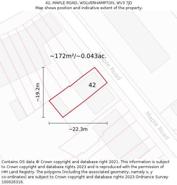 42, MAPLE ROAD, WOLVERHAMPTON, WV3 7JD: Plot and title map