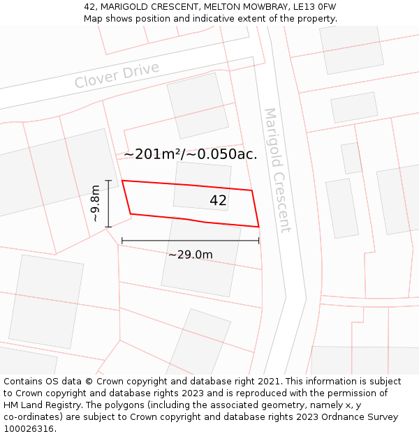 42, MARIGOLD CRESCENT, MELTON MOWBRAY, LE13 0FW: Plot and title map