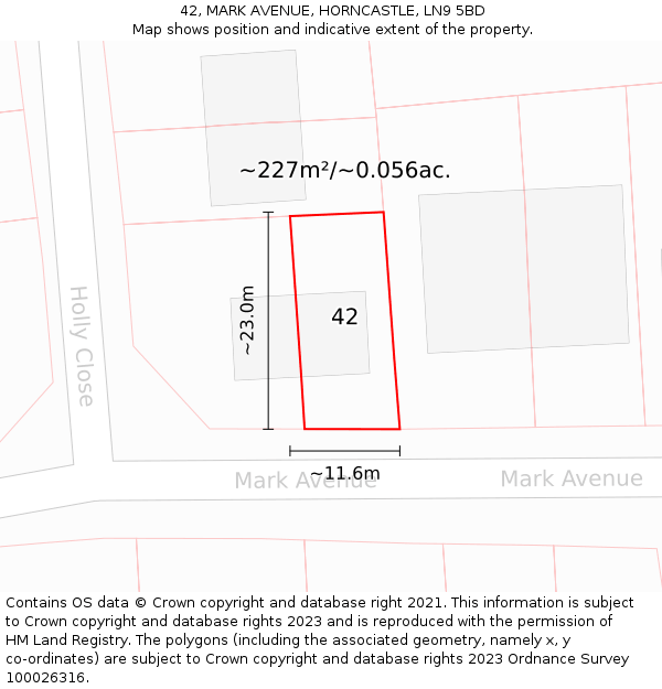 42, MARK AVENUE, HORNCASTLE, LN9 5BD: Plot and title map