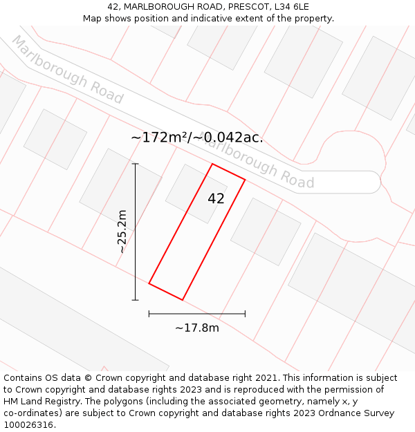 42, MARLBOROUGH ROAD, PRESCOT, L34 6LE: Plot and title map