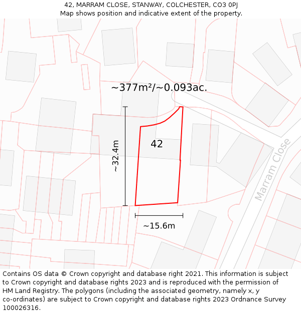 42, MARRAM CLOSE, STANWAY, COLCHESTER, CO3 0PJ: Plot and title map