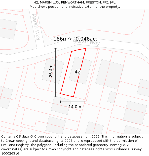 42, MARSH WAY, PENWORTHAM, PRESTON, PR1 9PL: Plot and title map