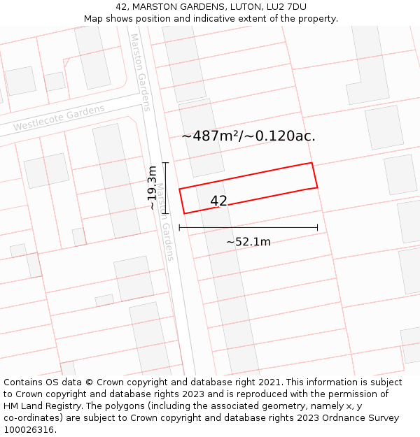 42, MARSTON GARDENS, LUTON, LU2 7DU: Plot and title map