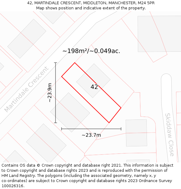 42, MARTINDALE CRESCENT, MIDDLETON, MANCHESTER, M24 5PR: Plot and title map