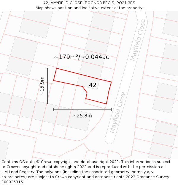 42, MAYFIELD CLOSE, BOGNOR REGIS, PO21 3PS: Plot and title map