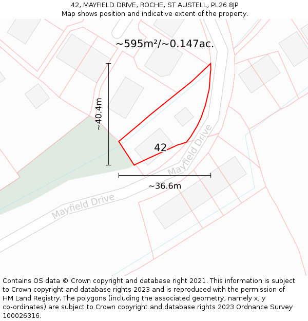 42, MAYFIELD DRIVE, ROCHE, ST AUSTELL, PL26 8JP: Plot and title map