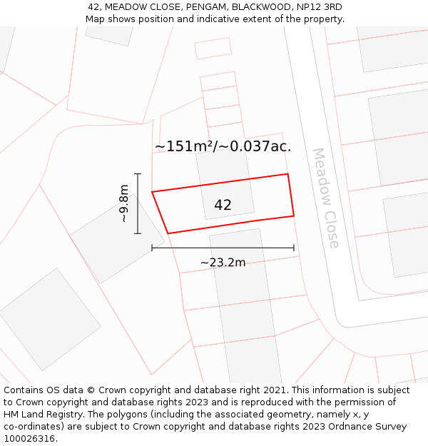 42, MEADOW CLOSE, PENGAM, BLACKWOOD, NP12 3RD: Plot and title map