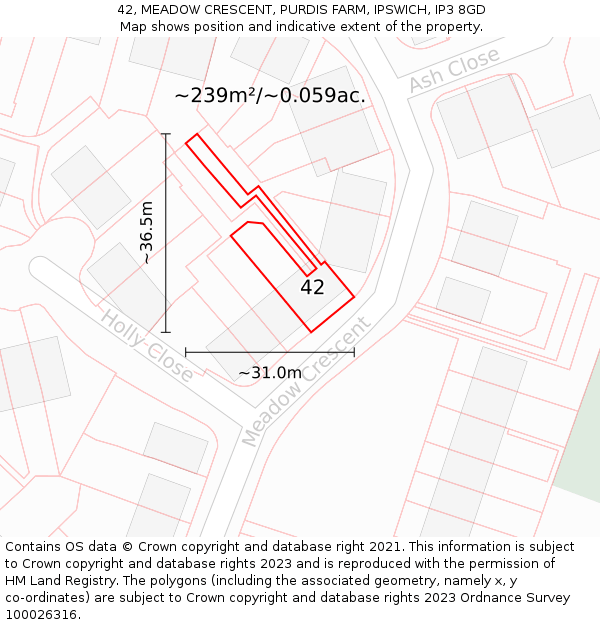 42, MEADOW CRESCENT, PURDIS FARM, IPSWICH, IP3 8GD: Plot and title map