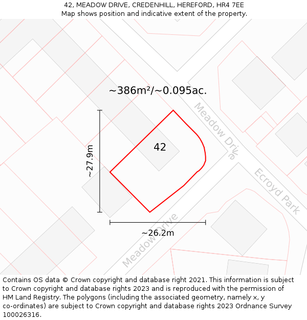 42, MEADOW DRIVE, CREDENHILL, HEREFORD, HR4 7EE: Plot and title map