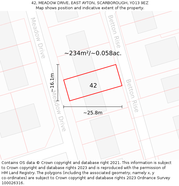 42, MEADOW DRIVE, EAST AYTON, SCARBOROUGH, YO13 9EZ: Plot and title map