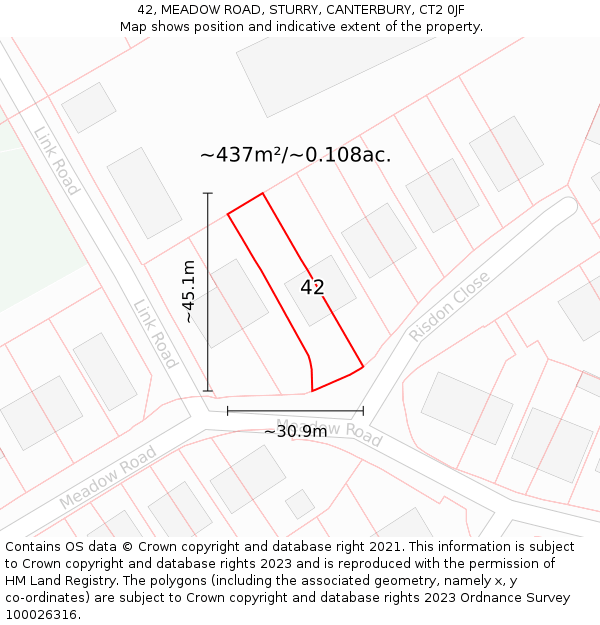 42, MEADOW ROAD, STURRY, CANTERBURY, CT2 0JF: Plot and title map