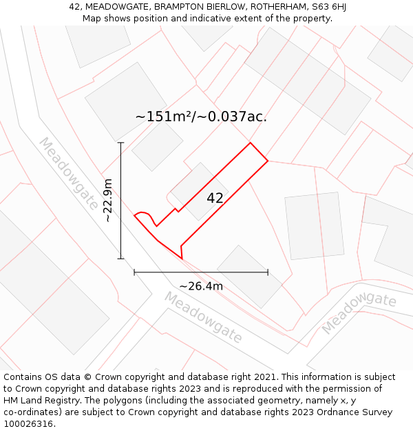 42, MEADOWGATE, BRAMPTON BIERLOW, ROTHERHAM, S63 6HJ: Plot and title map