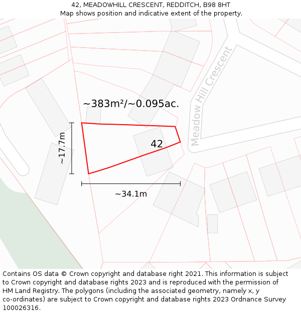42, MEADOWHILL CRESCENT, REDDITCH, B98 8HT: Plot and title map