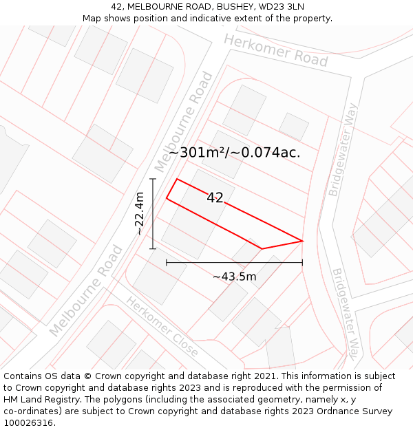 42, MELBOURNE ROAD, BUSHEY, WD23 3LN: Plot and title map