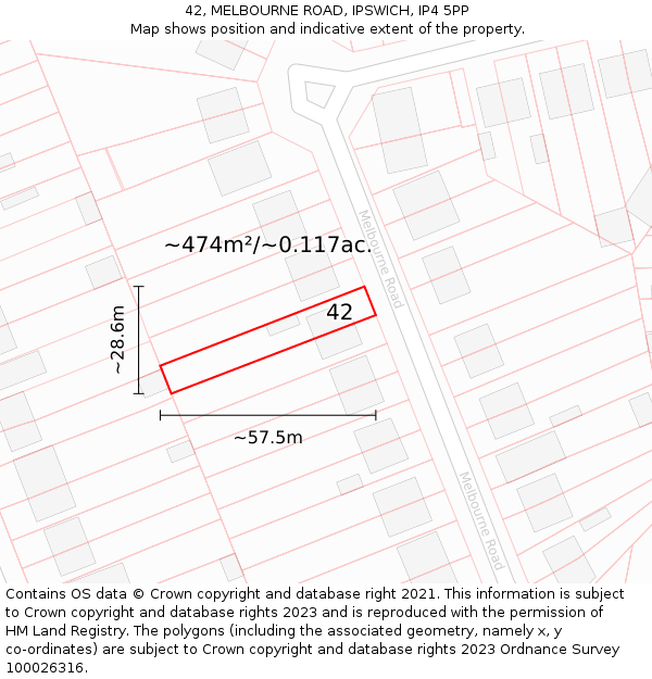 42, MELBOURNE ROAD, IPSWICH, IP4 5PP: Plot and title map