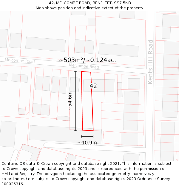 42, MELCOMBE ROAD, BENFLEET, SS7 5NB: Plot and title map