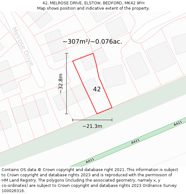 42, MELROSE DRIVE, ELSTOW, BEDFORD, MK42 9FH: Plot and title map