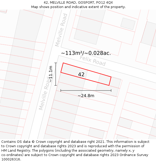 42, MELVILLE ROAD, GOSPORT, PO12 4QX: Plot and title map