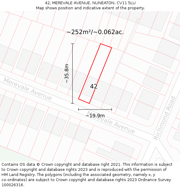 42, MEREVALE AVENUE, NUNEATON, CV11 5LU: Plot and title map