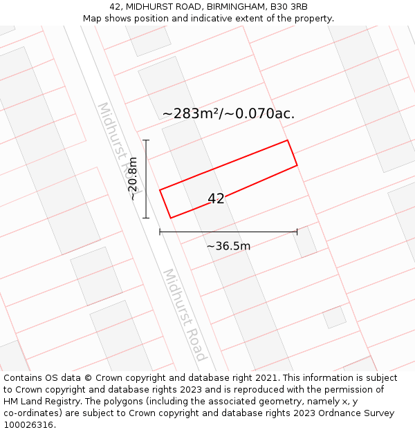 42, MIDHURST ROAD, BIRMINGHAM, B30 3RB: Plot and title map