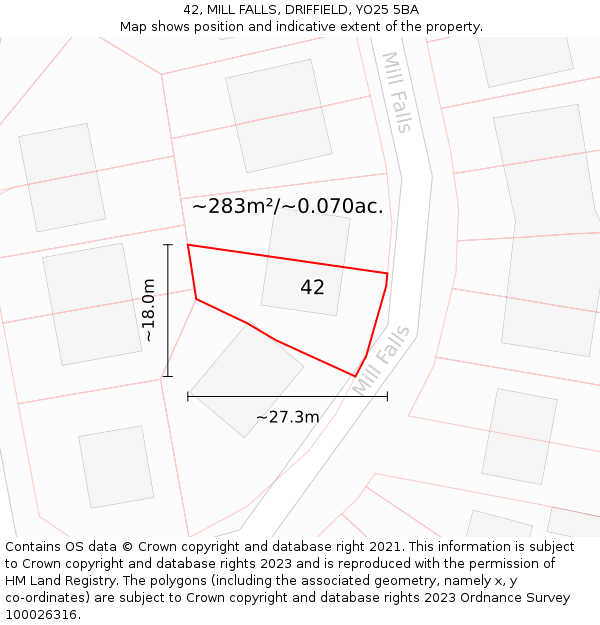 42, MILL FALLS, DRIFFIELD, YO25 5BA: Plot and title map