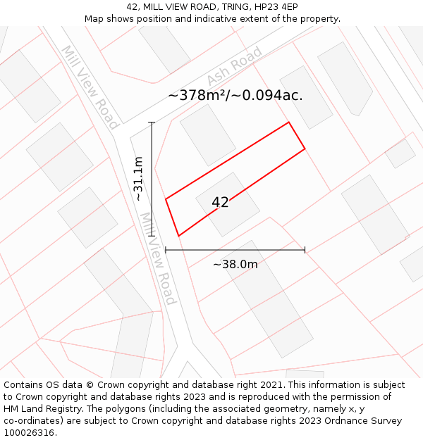 42, MILL VIEW ROAD, TRING, HP23 4EP: Plot and title map