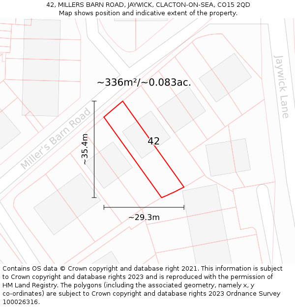 42, MILLERS BARN ROAD, JAYWICK, CLACTON-ON-SEA, CO15 2QD: Plot and title map