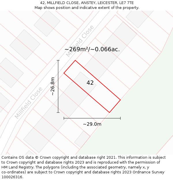 42, MILLFIELD CLOSE, ANSTEY, LEICESTER, LE7 7TE: Plot and title map