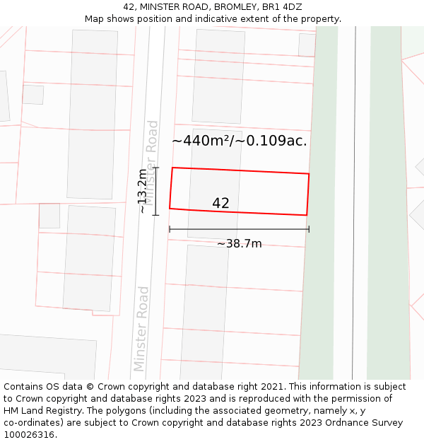 42, MINSTER ROAD, BROMLEY, BR1 4DZ: Plot and title map