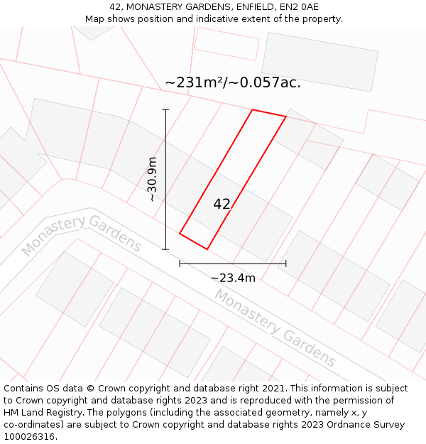 42, MONASTERY GARDENS, ENFIELD, EN2 0AE: Plot and title map