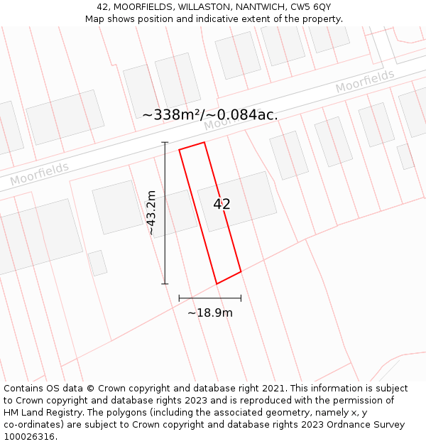42, MOORFIELDS, WILLASTON, NANTWICH, CW5 6QY: Plot and title map