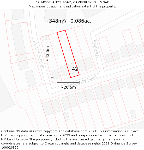 42, MOORLANDS ROAD, CAMBERLEY, GU15 3AE: Plot and title map