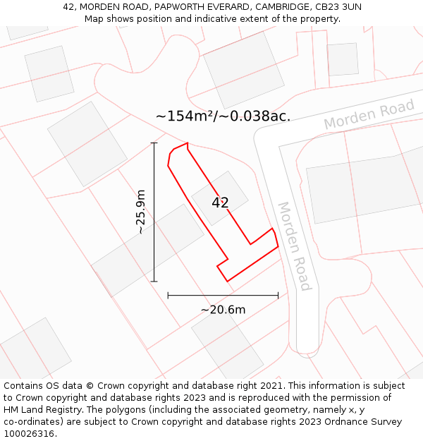 42, MORDEN ROAD, PAPWORTH EVERARD, CAMBRIDGE, CB23 3UN: Plot and title map