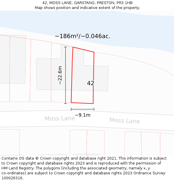 42, MOSS LANE, GARSTANG, PRESTON, PR3 1HB: Plot and title map