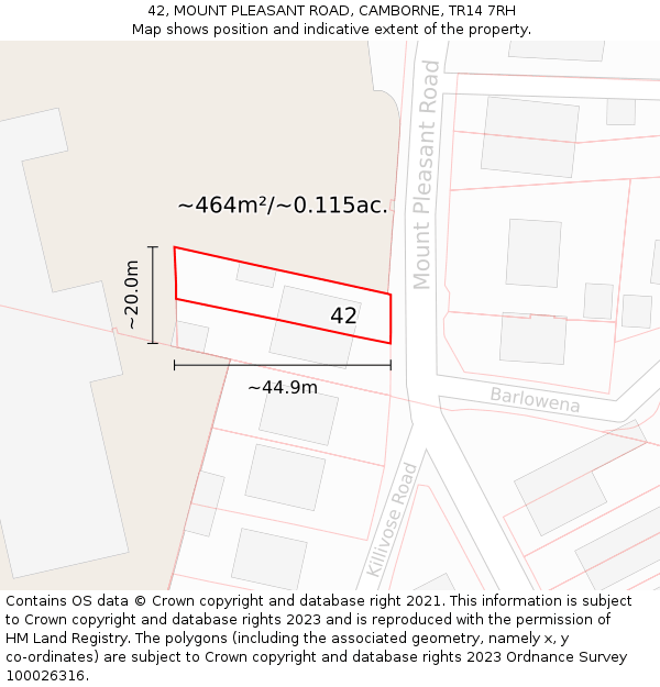 42, MOUNT PLEASANT ROAD, CAMBORNE, TR14 7RH: Plot and title map