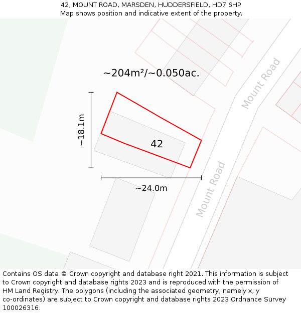 42, MOUNT ROAD, MARSDEN, HUDDERSFIELD, HD7 6HP: Plot and title map
