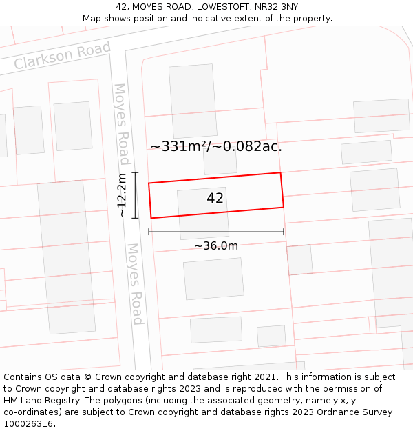 42, MOYES ROAD, LOWESTOFT, NR32 3NY: Plot and title map