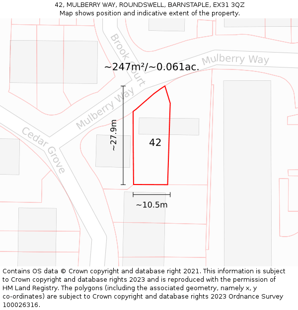 42, MULBERRY WAY, ROUNDSWELL, BARNSTAPLE, EX31 3QZ: Plot and title map