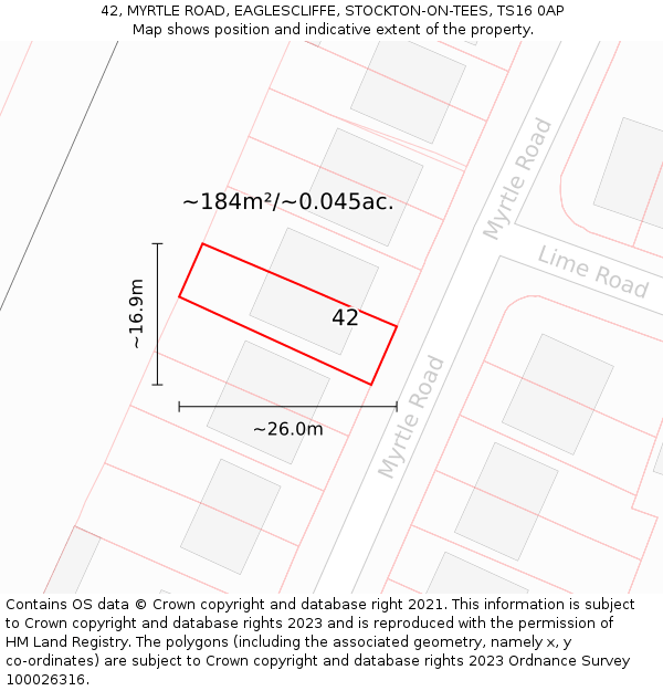 42, MYRTLE ROAD, EAGLESCLIFFE, STOCKTON-ON-TEES, TS16 0AP: Plot and title map