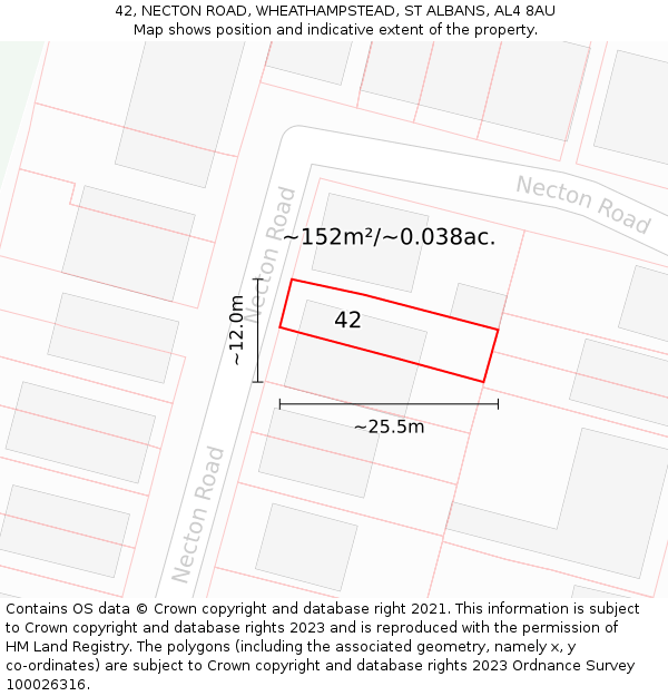 42, NECTON ROAD, WHEATHAMPSTEAD, ST ALBANS, AL4 8AU: Plot and title map