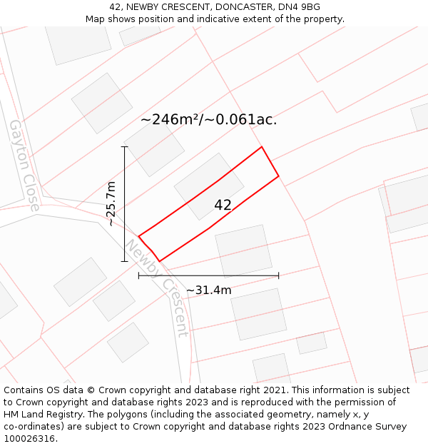 42, NEWBY CRESCENT, DONCASTER, DN4 9BG: Plot and title map