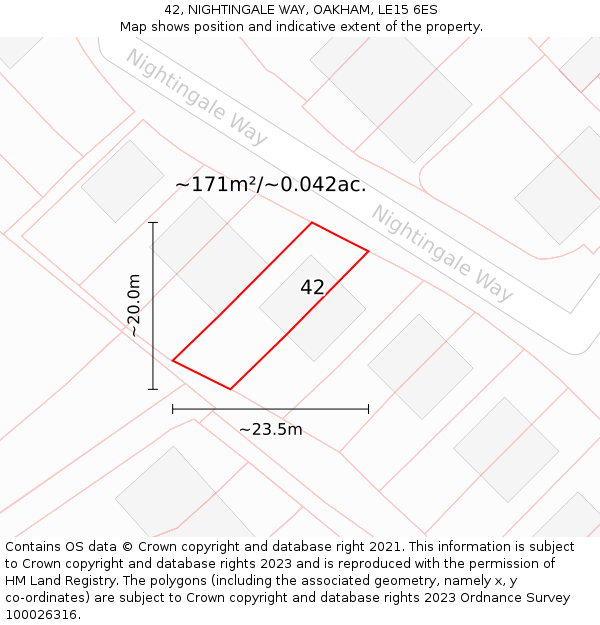 42, NIGHTINGALE WAY, OAKHAM, LE15 6ES: Plot and title map