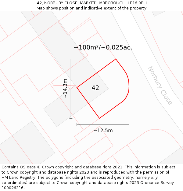 42, NORBURY CLOSE, MARKET HARBOROUGH, LE16 9BH: Plot and title map