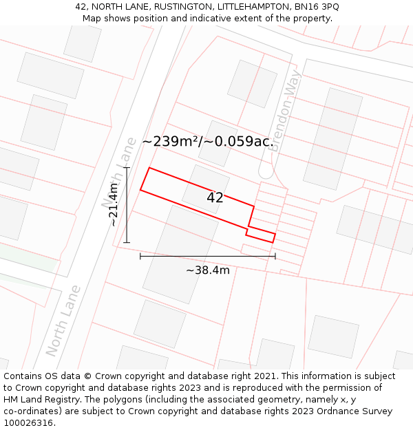 42, NORTH LANE, RUSTINGTON, LITTLEHAMPTON, BN16 3PQ: Plot and title map