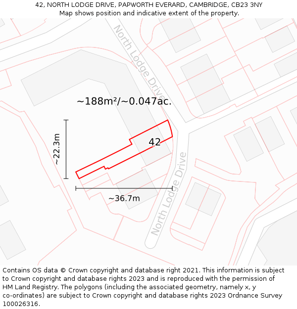42, NORTH LODGE DRIVE, PAPWORTH EVERARD, CAMBRIDGE, CB23 3NY: Plot and title map