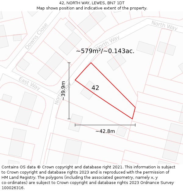 42, NORTH WAY, LEWES, BN7 1DT: Plot and title map