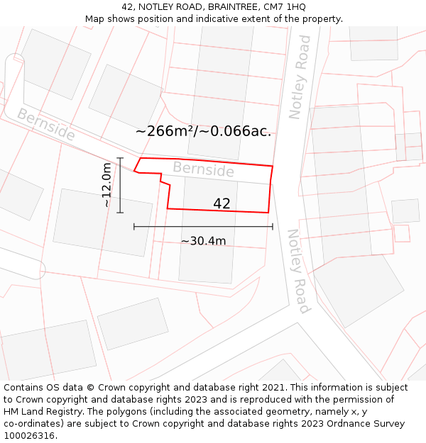 42, NOTLEY ROAD, BRAINTREE, CM7 1HQ: Plot and title map