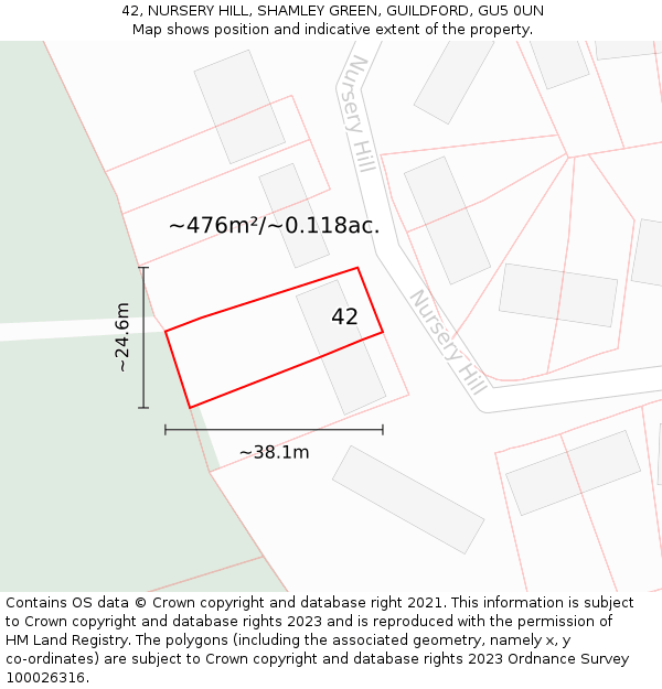 42, NURSERY HILL, SHAMLEY GREEN, GUILDFORD, GU5 0UN: Plot and title map