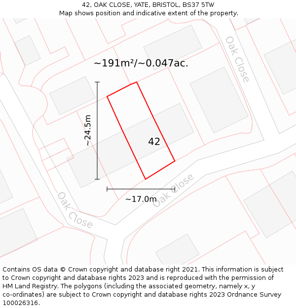 42, OAK CLOSE, YATE, BRISTOL, BS37 5TW: Plot and title map