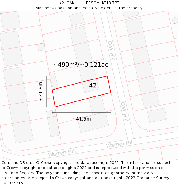 42, OAK HILL, EPSOM, KT18 7BT: Plot and title map